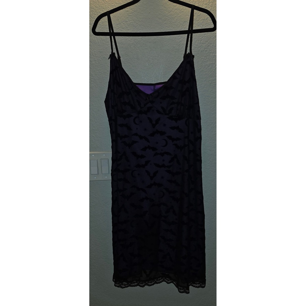 SHEIN Curve Purple Black Flocked Bat Moon Star Lace Trim Slip Dress 3XL Gothic
